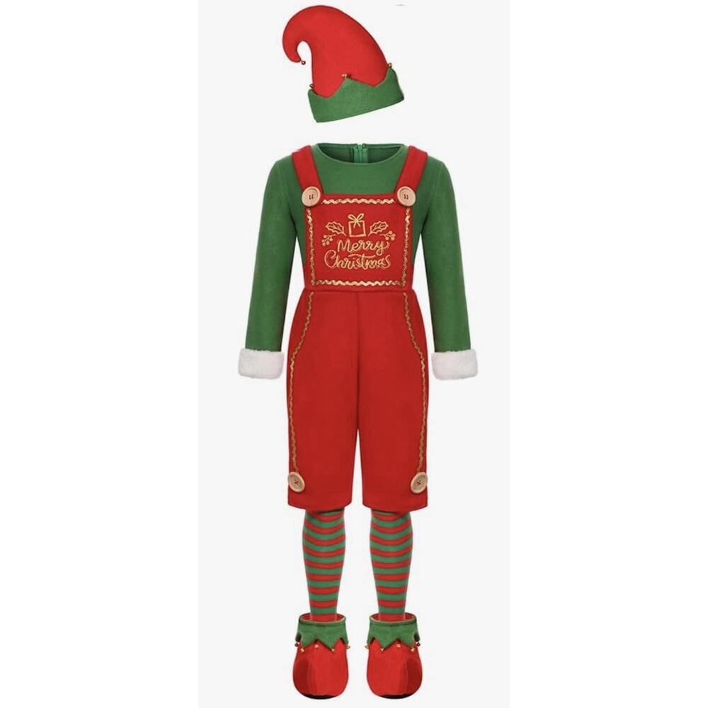Kids Christmas Elf Costume Set 7-8 Years Red Green Hat Shoes Socks - Picture 5 of 9